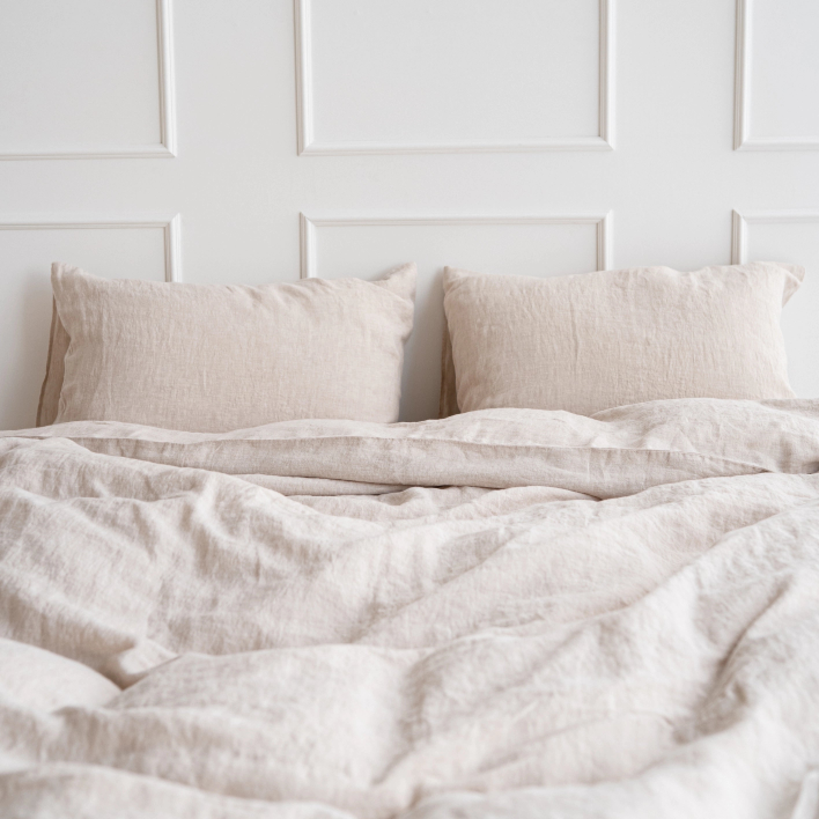 Beige stonewashed linen pillowcases made from OEKO-TEX® certified European flax.
