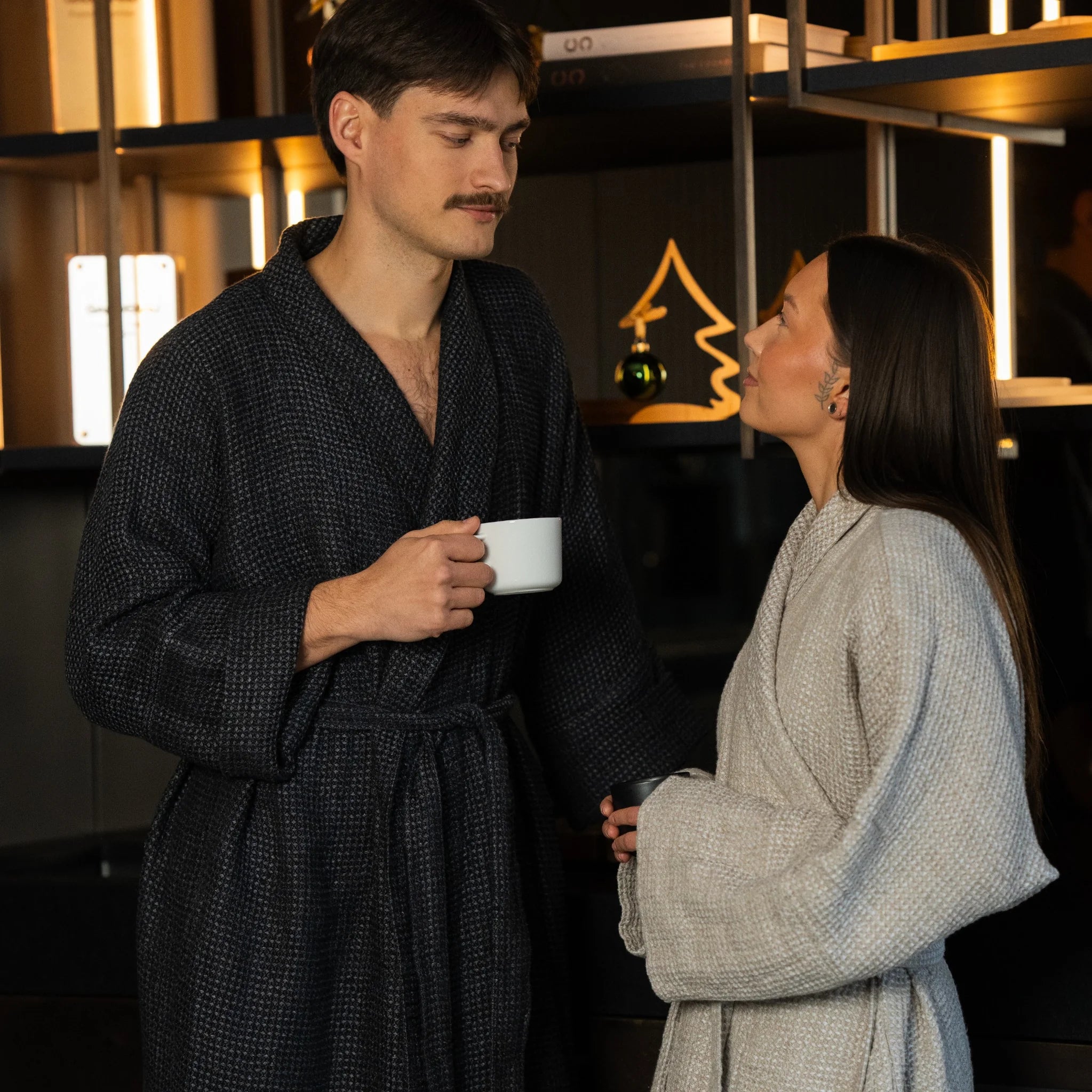 Nommar Atelier Linen Robe — long unisex linen robe crafted from waffle-textured linen with sculpted sleeves, hidden pockets, and quiet, timeless luxury.